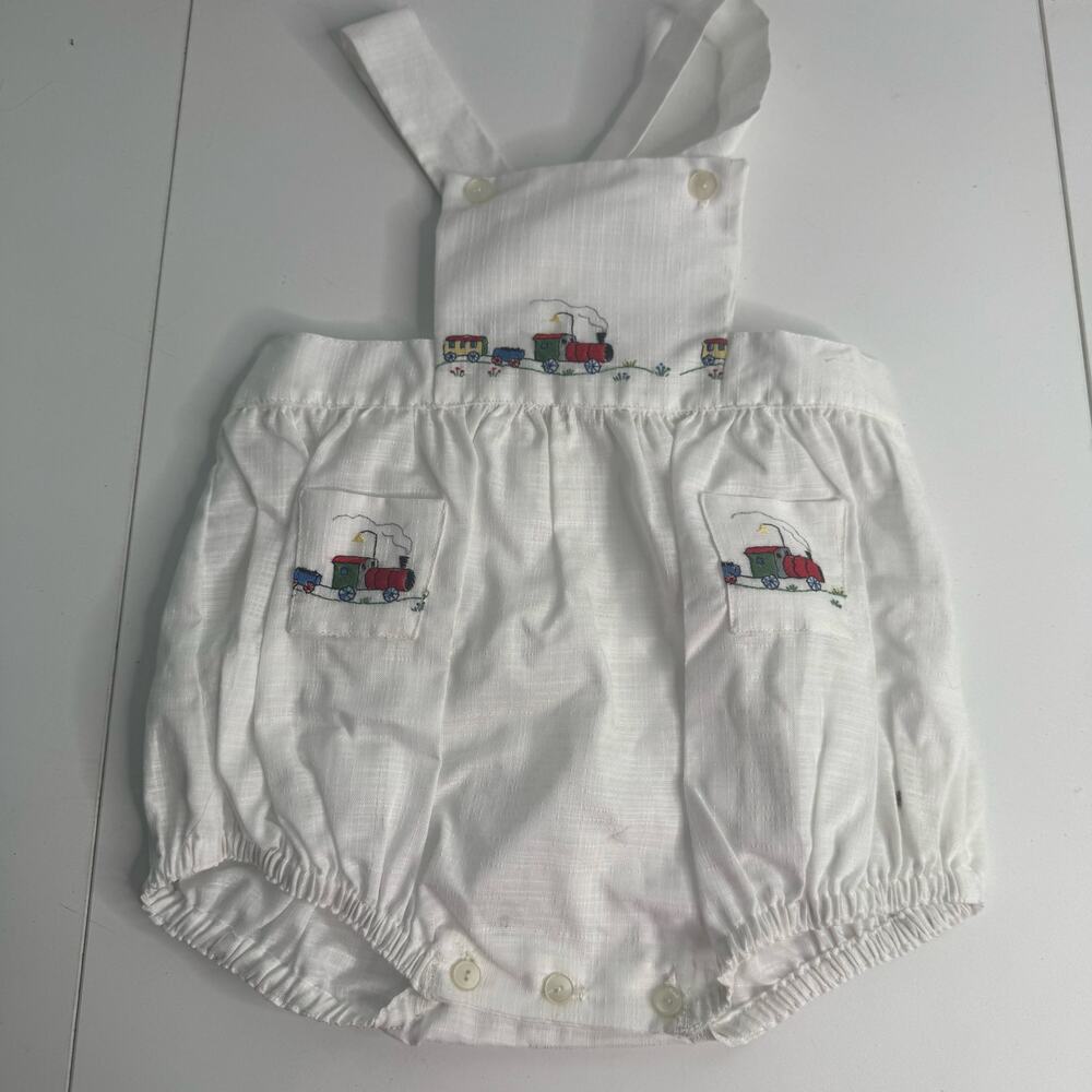 Vintage Switzerland Children’s Romper  Embroidered Trains 18 Months